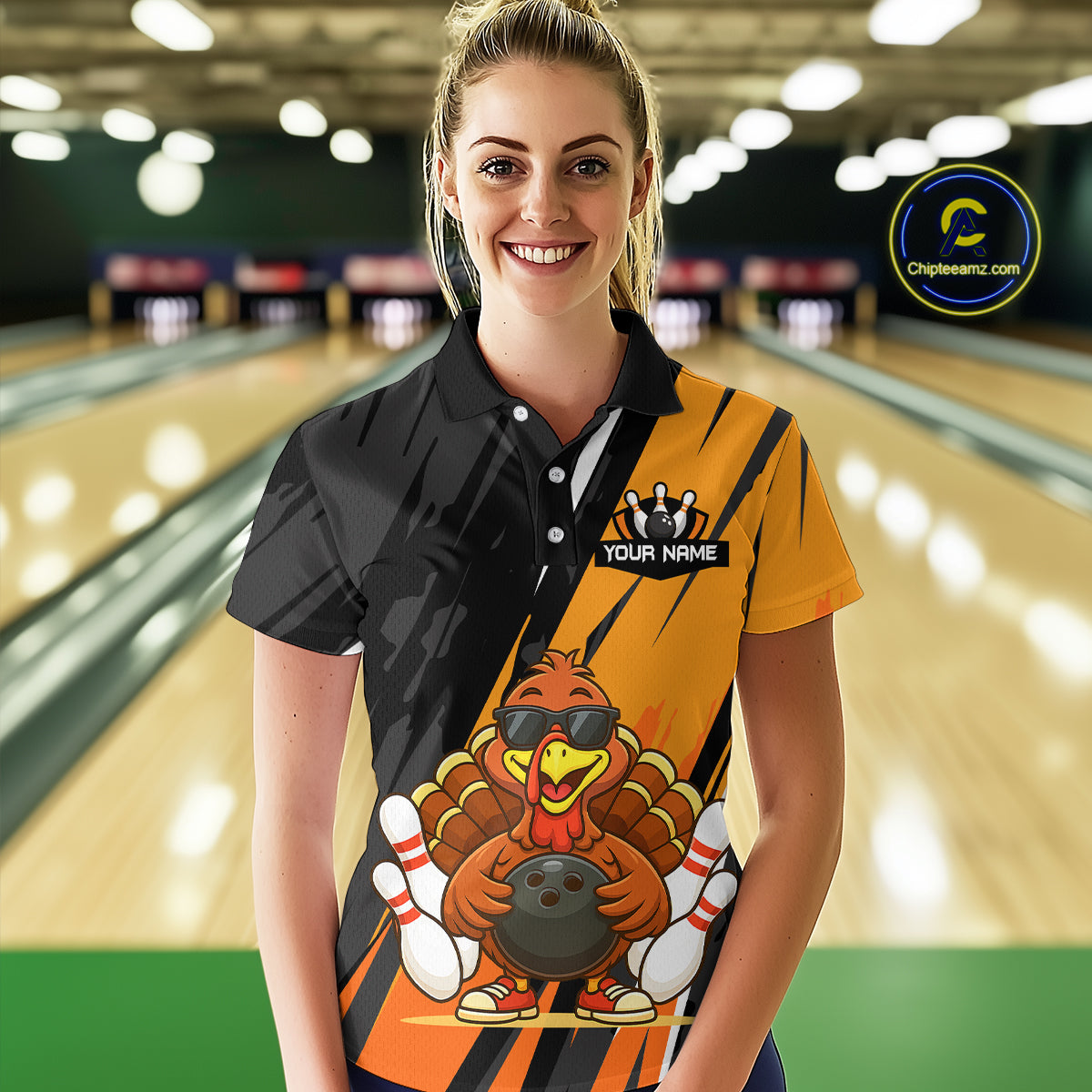 Custom Orange Funny Turkey Bowling Jersey for Women Polo & 1/4 Zip Thanksgiving Bowling Team Shirts HNT124