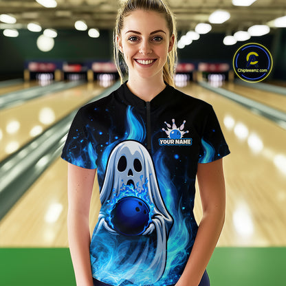 Custom Funny Ghost Halloween Bowling Jersey for Women Polo & 1/4 Zip Bowling Team Shirts HNT121