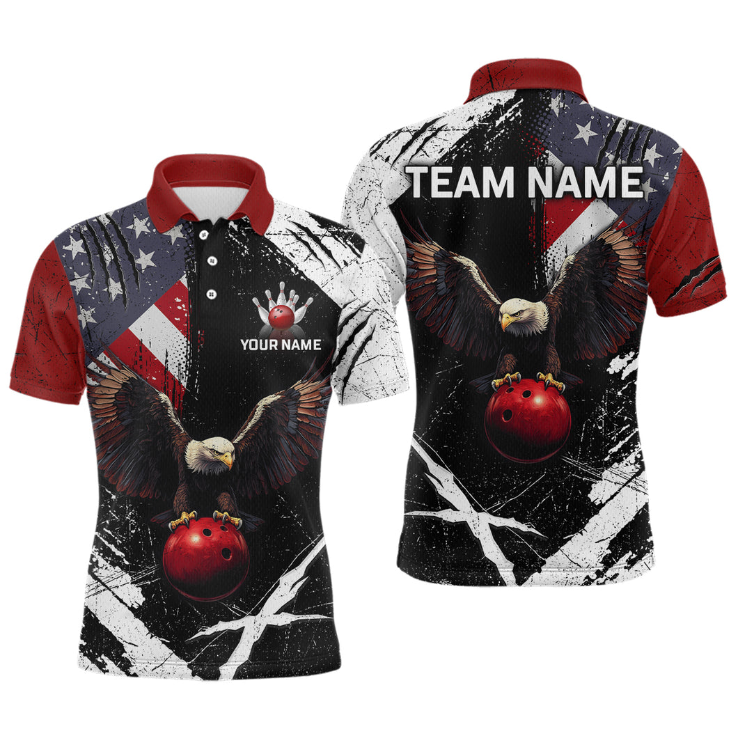 US Flag Eagle Custom Name Bowling Team Shirts For Men Bowling League Polo & 1/4 Zip Shirt HNT06