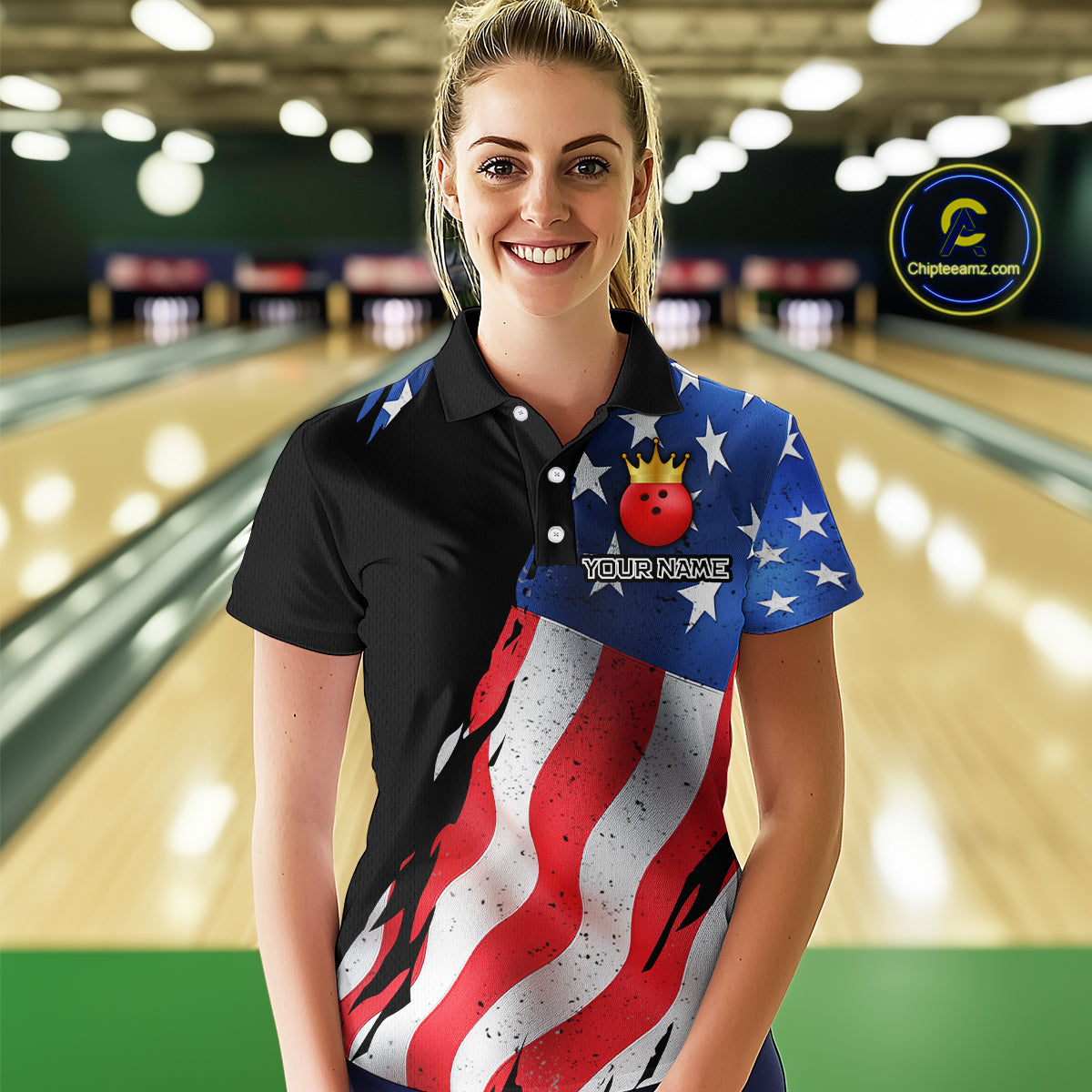 Custom US Flag Crown Bowling Women Bowling Shirt Polo & Quarter-Zip Bowling Team Jerseys HNT85