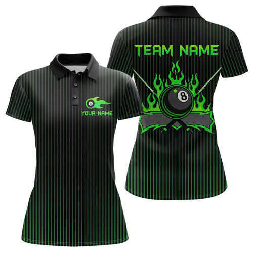 Custom Green 8 Ball Flame Billiard Shirts for Women, Billiard Team Polo & 1/4 Zip Shirts NNT62