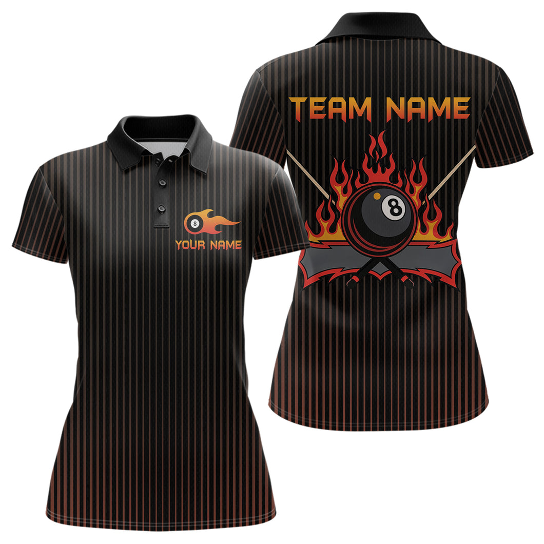 Custom Orange 8 Ball Flame Billiard Shirts for Women, Billiard Team Polo & 1/4 Zip Shirts NNT62