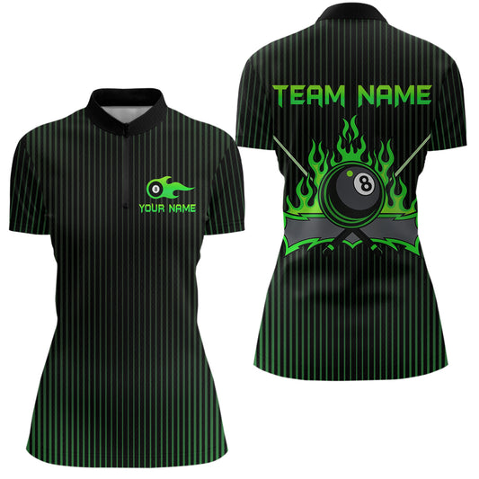 Custom Green 8 Ball Flame Billiard Shirts for Women, Billiard Team Polo & 1/4 Zip Shirts NNT62