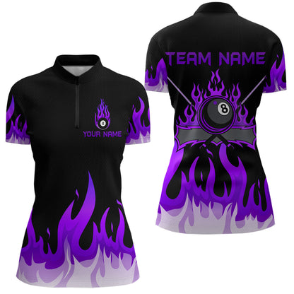Custom Purple 8 Ball Pool Flame Billiard Shirts for Women Billiard Team Polo & 1/4 Zip Shirts NNT63