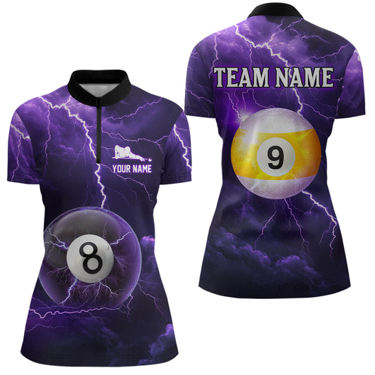 Purple Thunder 8 & 9 Ball Billiards Shirt Women Team Polo & 1/4 Zip Shirts Billiard Jersey NNT17
