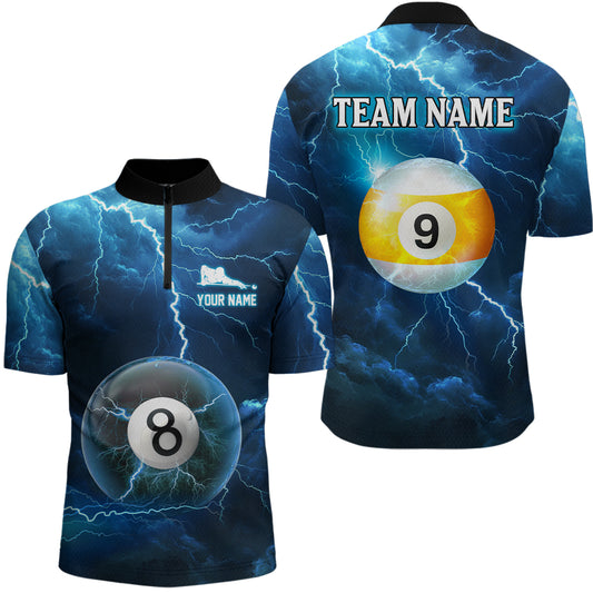 Blue Thunder 8 & 9 Ball Billiards Shirt Men Team Polo & 1/4 Zip Shirts Billiard Jersey NNT17