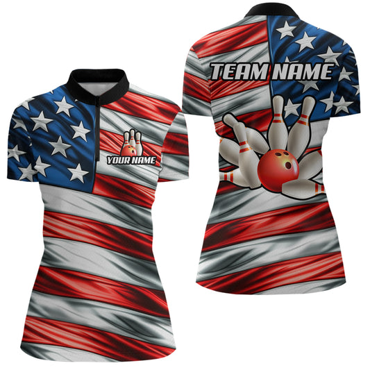 Custom American Flag Bowling Women Shirts Bowling Uniform Polo & 1/4 Zip Bowling Team Jerseys HNT97