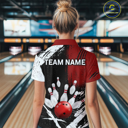 Custom Red Bowling Shirts for Women Polo & Quarter-Zip Bowling Team Bowling League HNT83