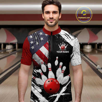 Custom US Flag Bowling Shirts for Men Polo & Quarter-Zip Bowling Team Bowling League HNT83