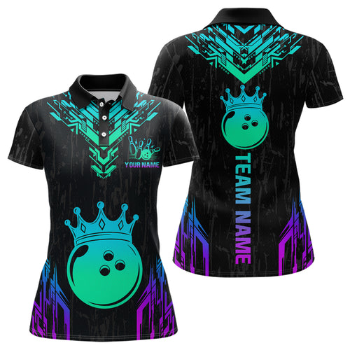 Custom Black Neon Crown Bowling Jersey for Women Polo & 1/4 Zip Bowling Team Shirts HNT123