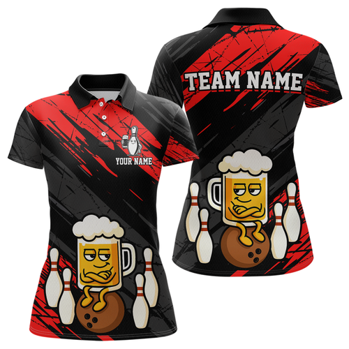 Custom Red Funny Beer Bowling Jersey for Women Bowling Uniform Polo & 1/4 Zip Bowling Team Shirts HNT107