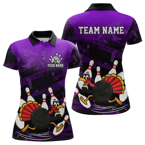 Custom Purple Funny Turkey Bowling Jersey for Women Thanksgiving Bowling Team Shirts Polo & 1/4 Zip HNT125