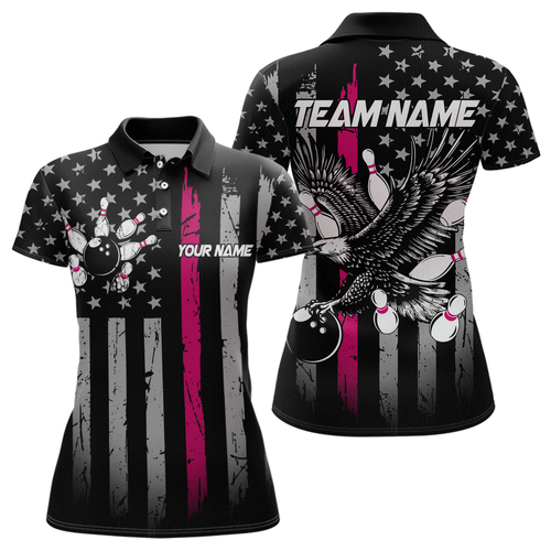 Custom Pink US Flag Eagle Bowling Jersey for Women Bowling Uniform Polo & 1/4 Zip Bowling Team Shirts HNT119