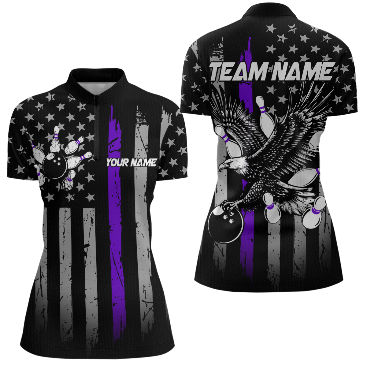 Custom Purple US Flag Eagle Bowling Jersey for Women Bowling Uniform Polo & 1/4 Zip Bowling Team Shirts HNT119