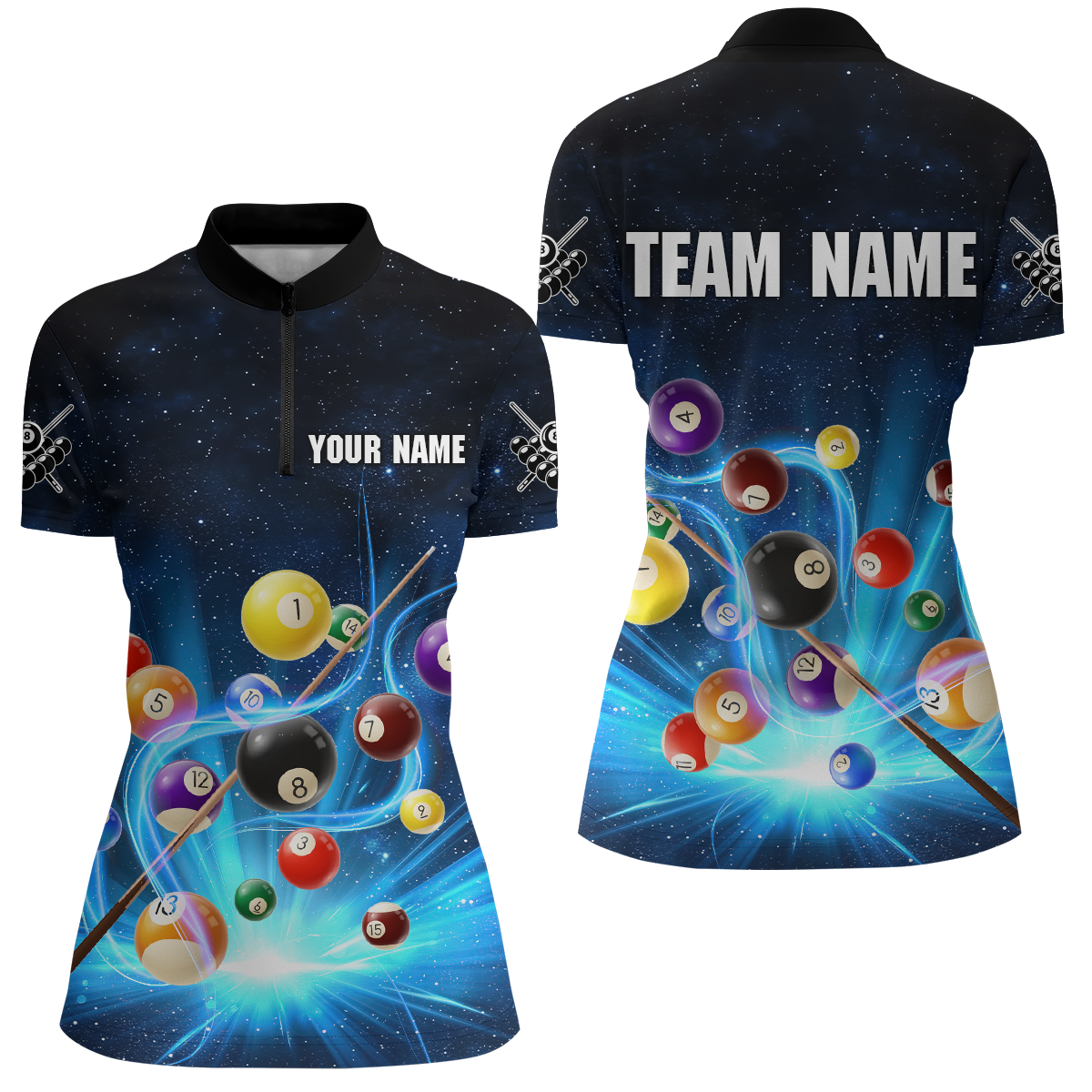 Custom Galaxy 8 Ball Billiard Shirts for Women Billiard Team Shirts Billiard League Polo & 1/4 Zipper NNT85