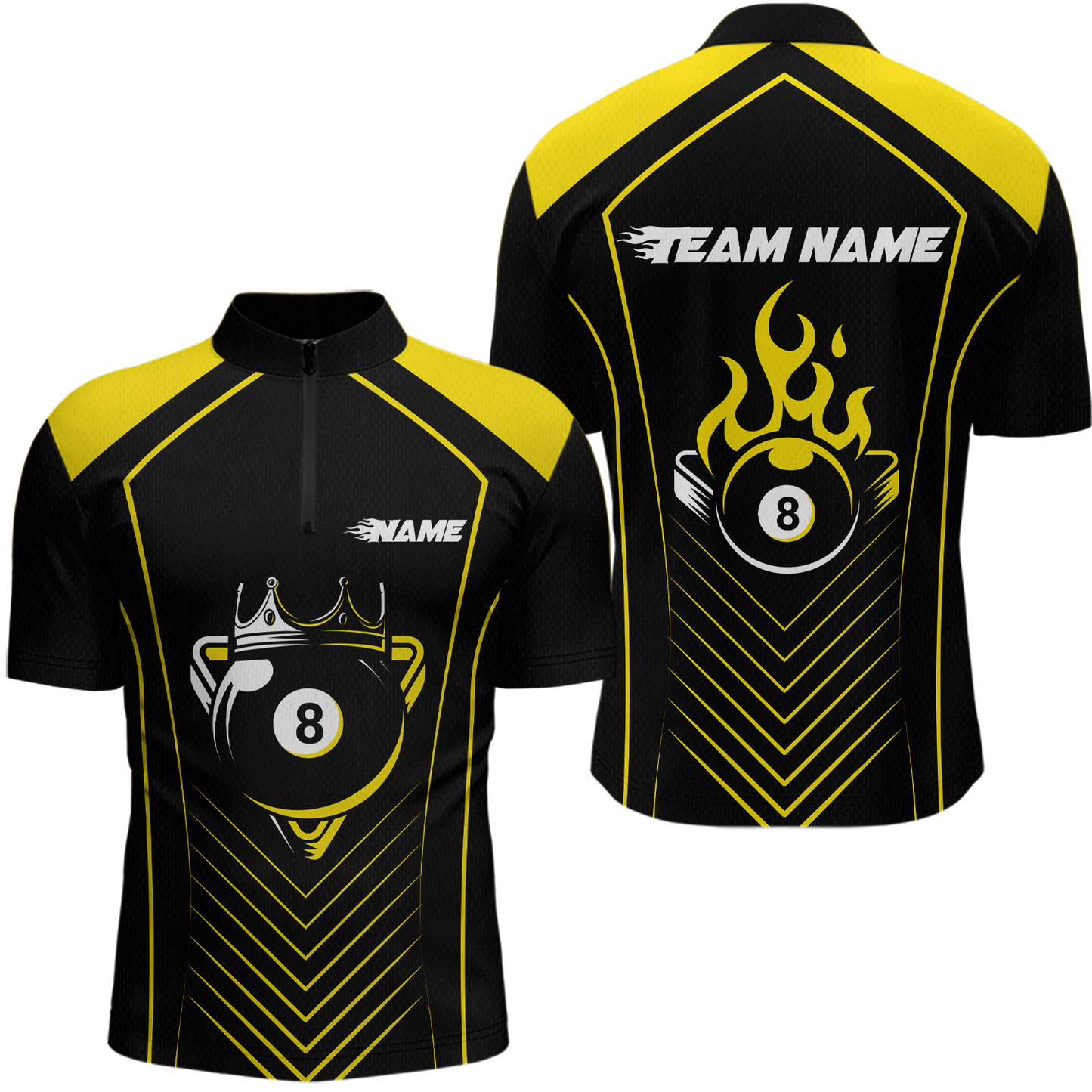 Customized Yellow 8 Ball Pool Crown Men's Billiard Shirts, Billiard Team Shirts Polo & 1/4 Zip Shirts NNT37