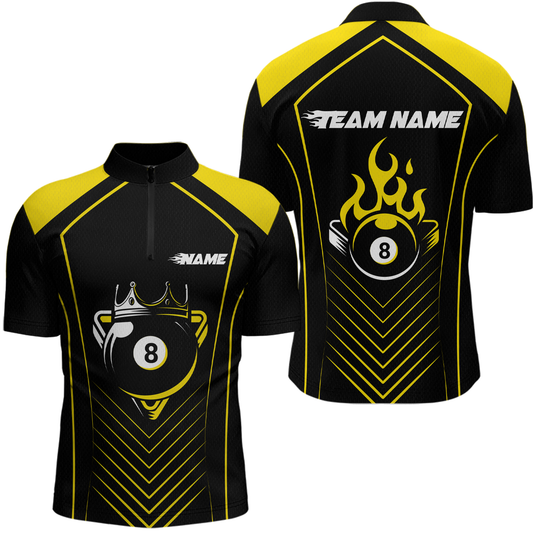 Customized Yellow 8 Ball Pool Crown Men's Billiard Shirts, Billiard Team Shirts Polo & 1/4 Zip Shirts NNT37
