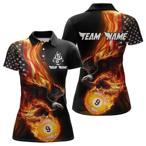 Custom 9 Ball American Flag Flaming Billiard Shirts for Women Billiard Team Shirt Billiard League NNT72