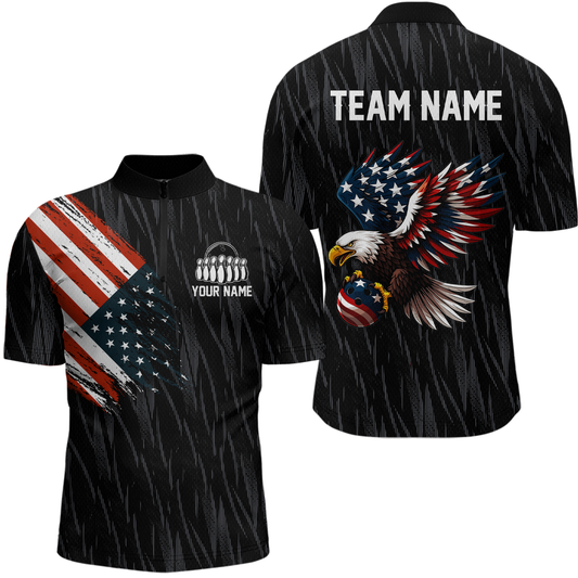 Custom American Flag Eagle Bowling Men Polo & 1/4 Zip Shirts Bowling Team Jerseys HNT89