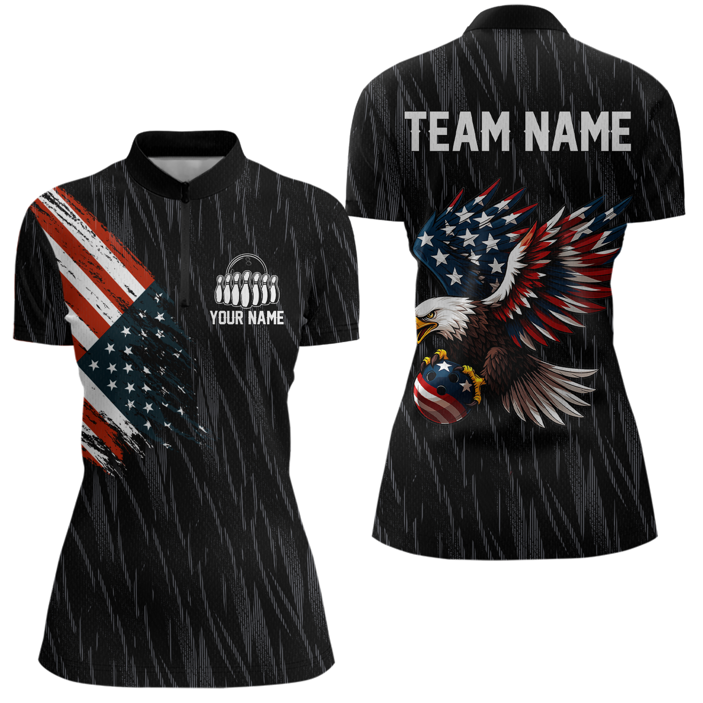 Custom American Flag Eagle Bowling Women Polo & 1/4 Zip Shirts Bowling Team Jerseys HNT89