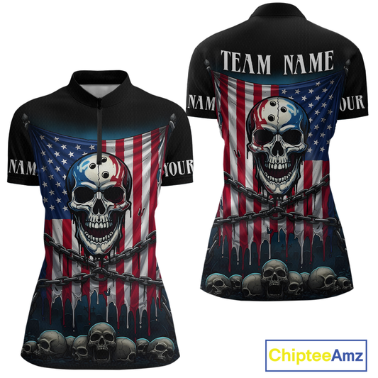 US Flag Skull Bowling Custom Women Bowling Shirt Polo & Quarter-Zip Bowling Team Shirts HNT74