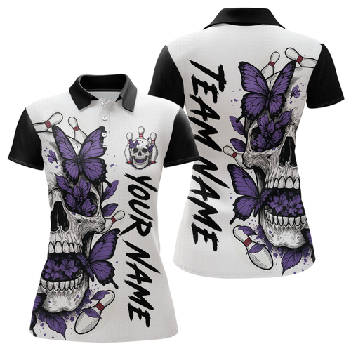 Purple Butterfly Skull Bowling Women Bowling Shirt Polo & Quarter-Zip Bowling Team Jerseys HNT80