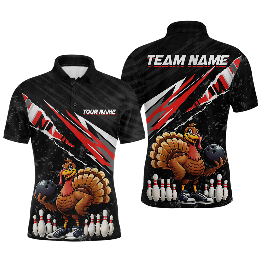 Custom Red Funny Turkey Bowling Jersey for Men Thanksgiving Bowling Shirts Polo & 1/4 Zip HNT117