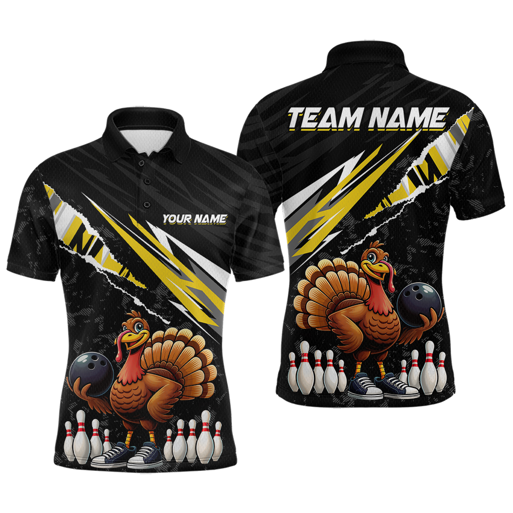 Custom Yellow Funny Turkey Bowling Jersey for Men Thanksgiving Bowling Shirts Polo & 1/4 Zip HNT117