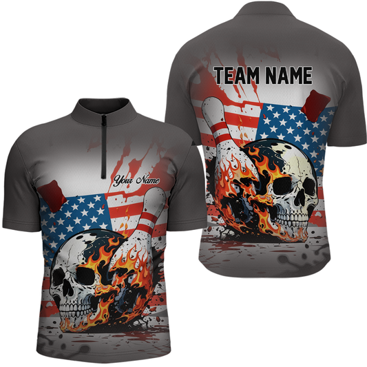 Custom American Flag Skull Flame Bowling Men Polo & 1/4 Zip Shirts Bowling Team Jerseys HNT91