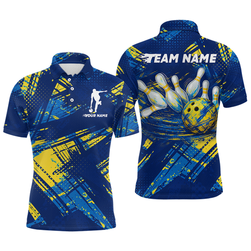 Custom Blue Yellow Bowling Jersey for Men Bowling Uniform Polo & 1/4 Zip Bowling Team Shirts HNT122
