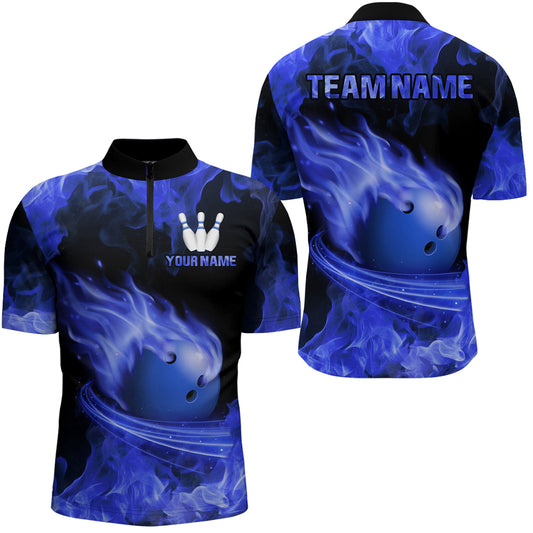 Custom Blue Flame Bowling Jersey For Men Bowling Shirt Team Bowling Quarter-Zip Shirt CP08