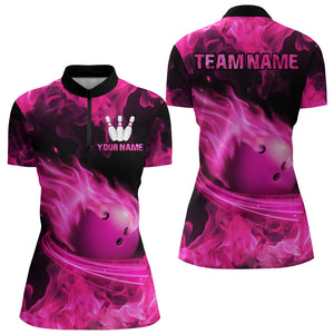 Custom Pink Flame Bowling Jersey For Men Bowling Shirt Team Bowling Quarter-Zip Shirt CP08