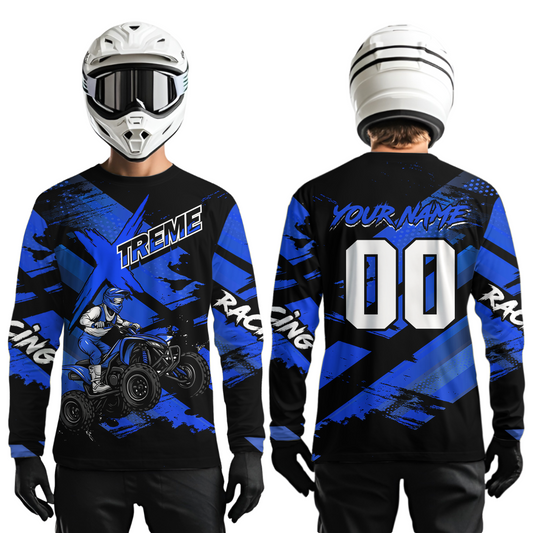 Custom Blue Quad Bike Jersey Motocross Shirt for Men Women Youth ATV Extreme Off-Road UPF30+ NHN012