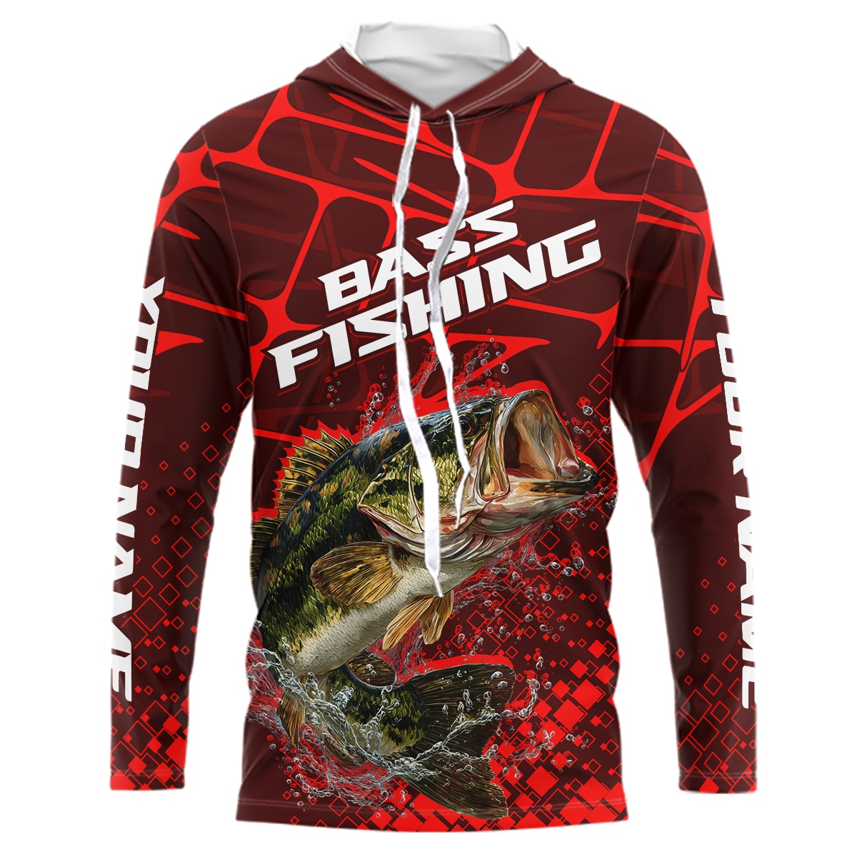 Largemouth Bass Fishing, Fishing Shirts Long Sleeve Hooded UPF Scale, Fishing Gift |Red NHT391