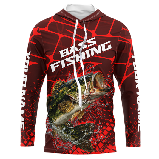 Largemouth Bass Fishing, Fishing Shirts Long Sleeve Hooded UPF Scale, Fishing Gift |Red NHT391