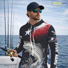 Load image into Gallery viewer, Custom Vintage Striped Bass Long Sleeve Hooded Patriotic Fishing Shirt For Men, Bass Texas Flag Fishing Shirt NHT768