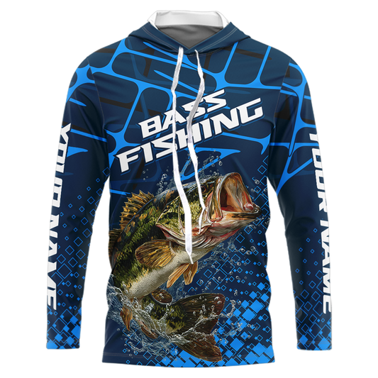 Largemouth Bass Fishing, Fishing Shirts Long Sleeve Hooded, Fishing Gift  | Blue NHT385