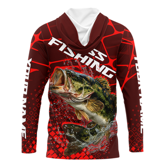 Largemouth Bass Fishing, Fishing Shirts Long Sleeve Hooded UPF Scale, Fishing Gift |Red NHT391