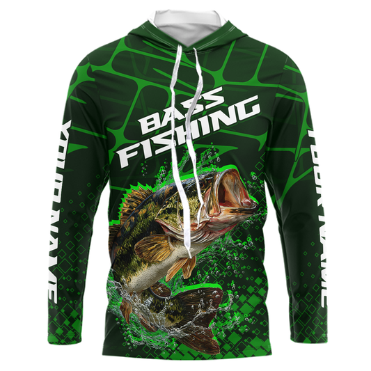 Largemouth Bass Fishing, Fishing Shirts Long Sleeve Hooded Scale, Fishing Gift | Green NHT392