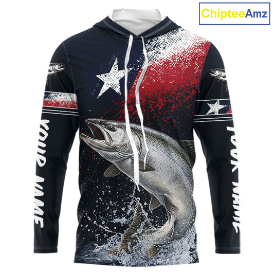 Custom Vintage Chinook Salmon Long Sleeve Hooded Patriotic Fishing Shirt For Men, Salmon Texas Flag Fishing Shirt NHT765