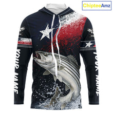 Load image into Gallery viewer, Custom Vintage Striped Bass Long Sleeve Hooded Patriotic Fishing Shirt For Men, Bass Texas Flag Fishing Shirt NHT768