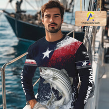 Load image into Gallery viewer, Custom Vintage Striped Bass Long Sleeve Patriotic Fishing Shirt For Men, Bass Texas Flag Fishing Shirt NHT768