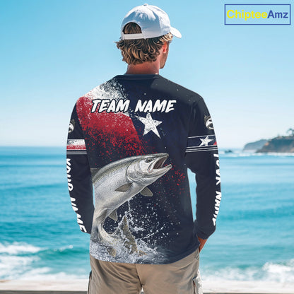 Custom Vintage Chinook Salmon Long Sleeve Patriotic Fishing Shirt For Men, Salmon Texas Flag Fishing Shirt NHT765