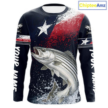 Load image into Gallery viewer, Custom Vintage Striped Bass Long Sleeve Patriotic Fishing Shirt For Men, Bass Texas Flag Fishing Shirt NHT768