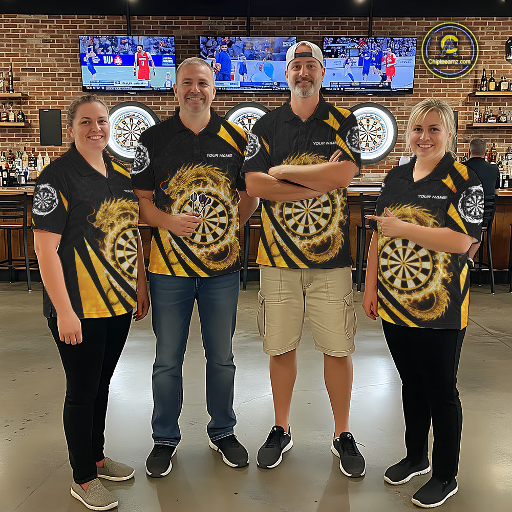 Gold Flames Dragon Dartboard Men Darts Polo Shirt Custom Dragon Team Dart League Shirt NYN2068