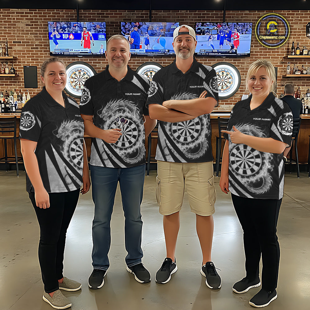Silver Flames Dragon Dartboard Men Darts Polo Shirt Custom Dragon Team Dart League Shirt NYN2069