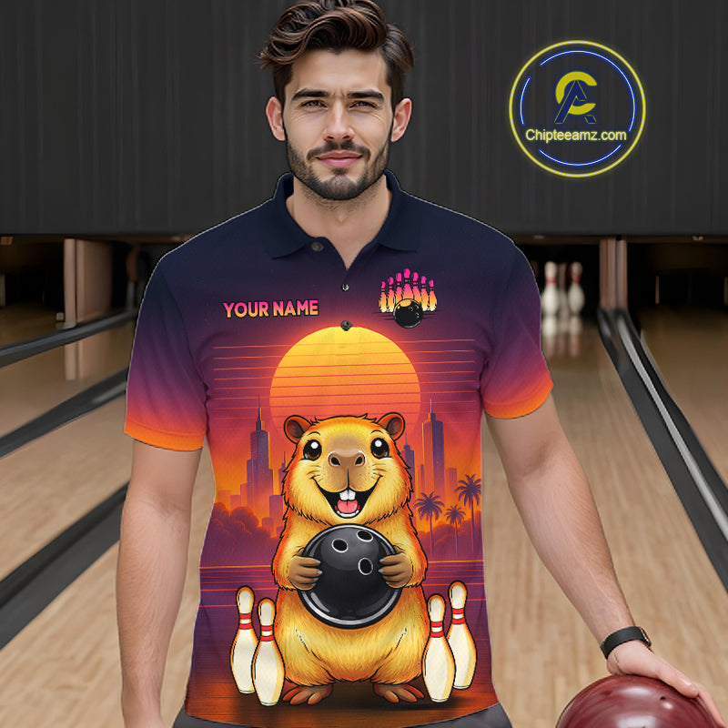 Custom Retro Capybara Bowling Jersey for Men Bowling Team Shirts Bowling Polo & 1/4 Zip HNT260