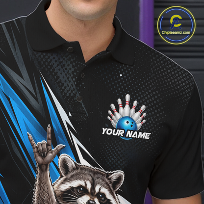 Custom Turquoise Raccoon Bowling Jersey for Men Bowling Team Shirts Bowling Polo & 1/4 Zip HNT254