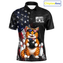 Load image into Gallery viewer, Custom US Flag Cat Bowling Shirt for Men Bowling League Patriotic Bowling Team Shirts HNT335