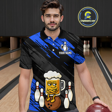 Load image into Gallery viewer, Custom Blue Funny Beer Bowling Jersey for Men Bowling Uniform Polo &amp; 1/4 Zip Bowling Team Shirts HNT107
